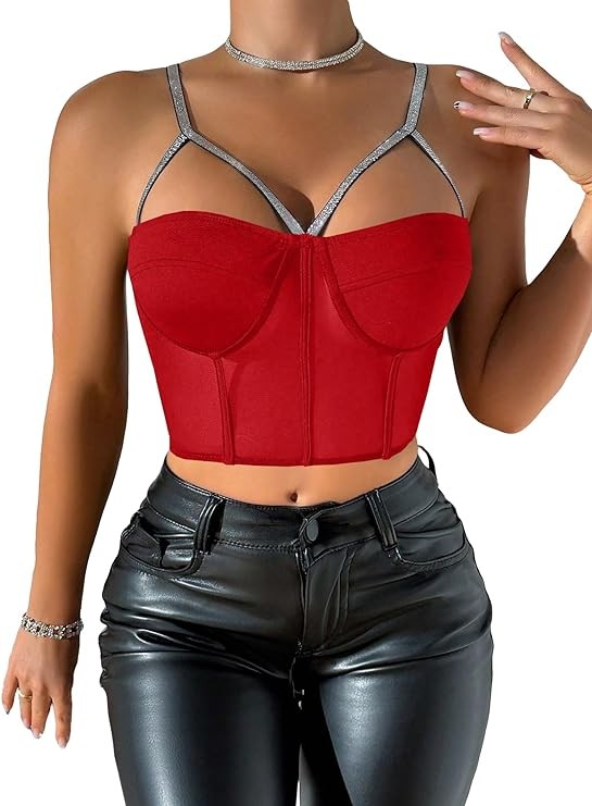 Rhinestone Embellished Herringbone Camisole For Summer
